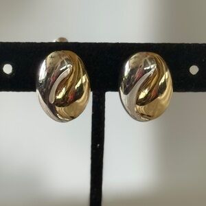 Vintage Two-Tone Gold & Silver Swirl Oval Screw Back Earrings